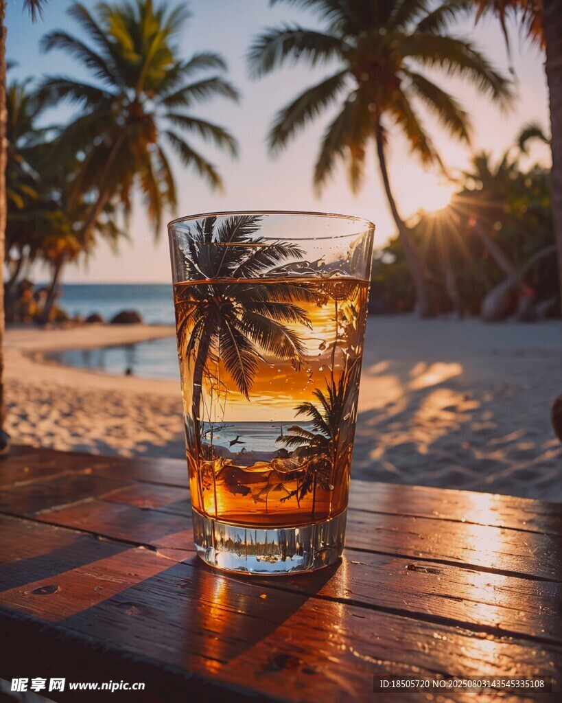 海灘夕陽(yáng)下的冰飲