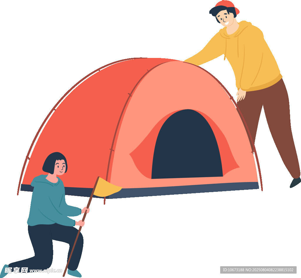 兩人合作搭建戶外帳篷