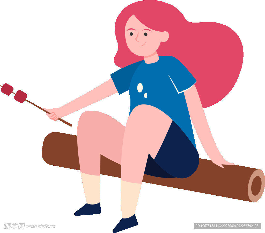 女孩愜意坐木頭上吃串串