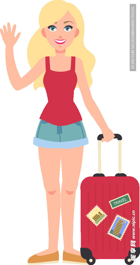 旅行女孩拖著貼滿貼紙的行李箱