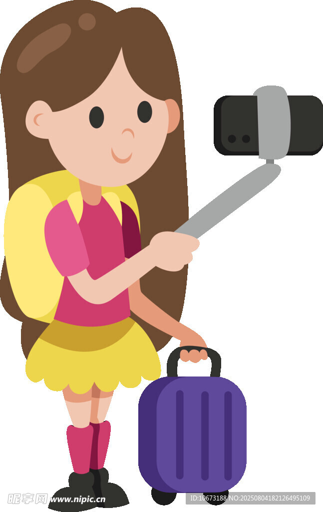 女孩旅行中自拍帶行李箱