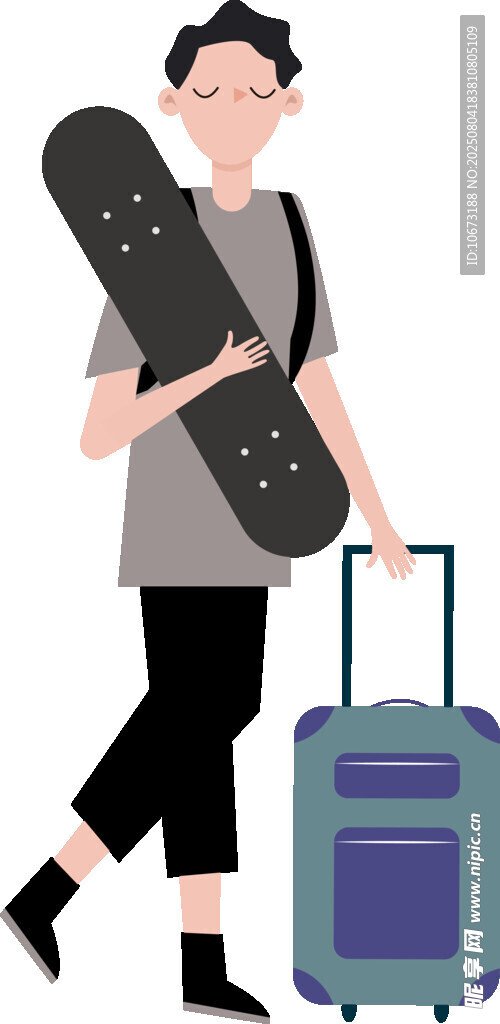背著滑板拉行李箱的旅人