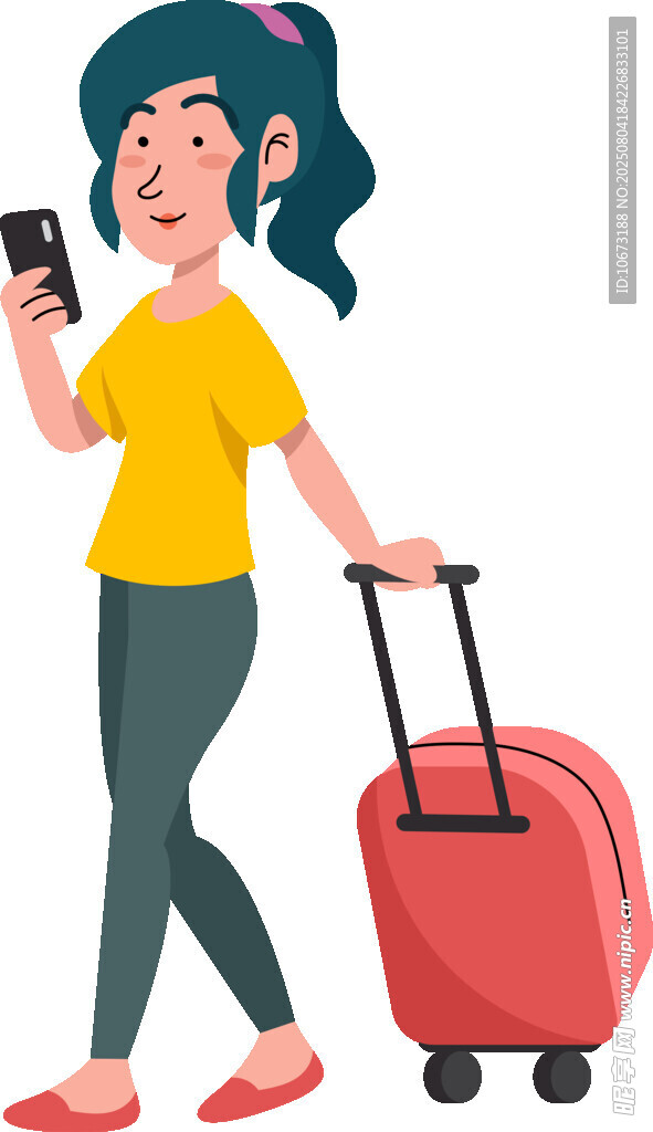 女子拖行李箱打電話出行
