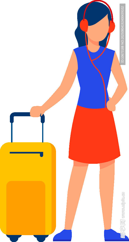 戴耳機(jī)拉行李箱的旅行女孩