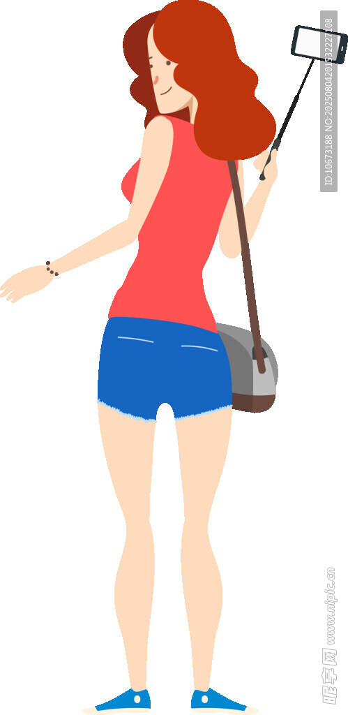 紅發(fā)女子手持自拍桿自拍