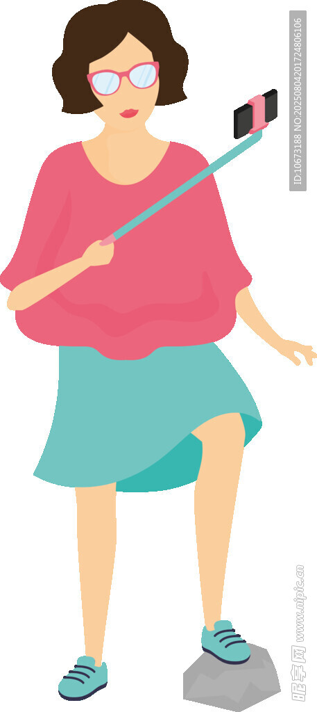 女子手持自拍桿開心自拍