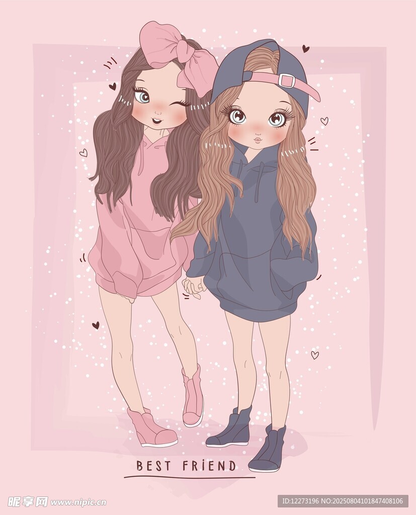 可愛雙生女閨蜜插畫