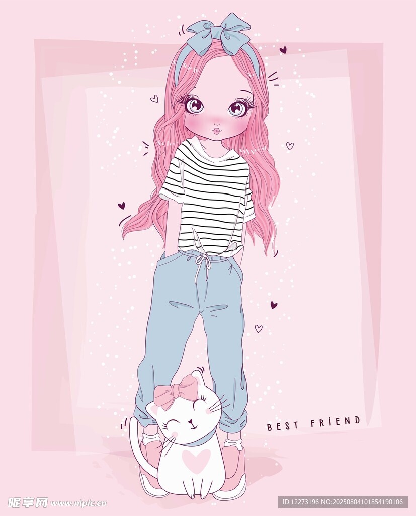 粉色系萌妹與貓咪插畫