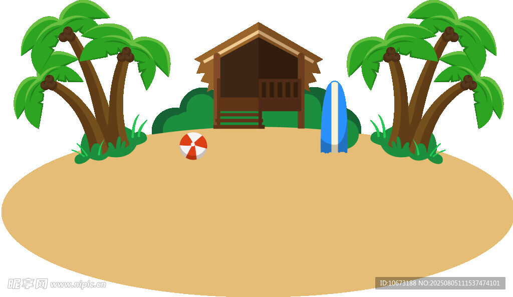 沙灘小屋與沖浪板場景