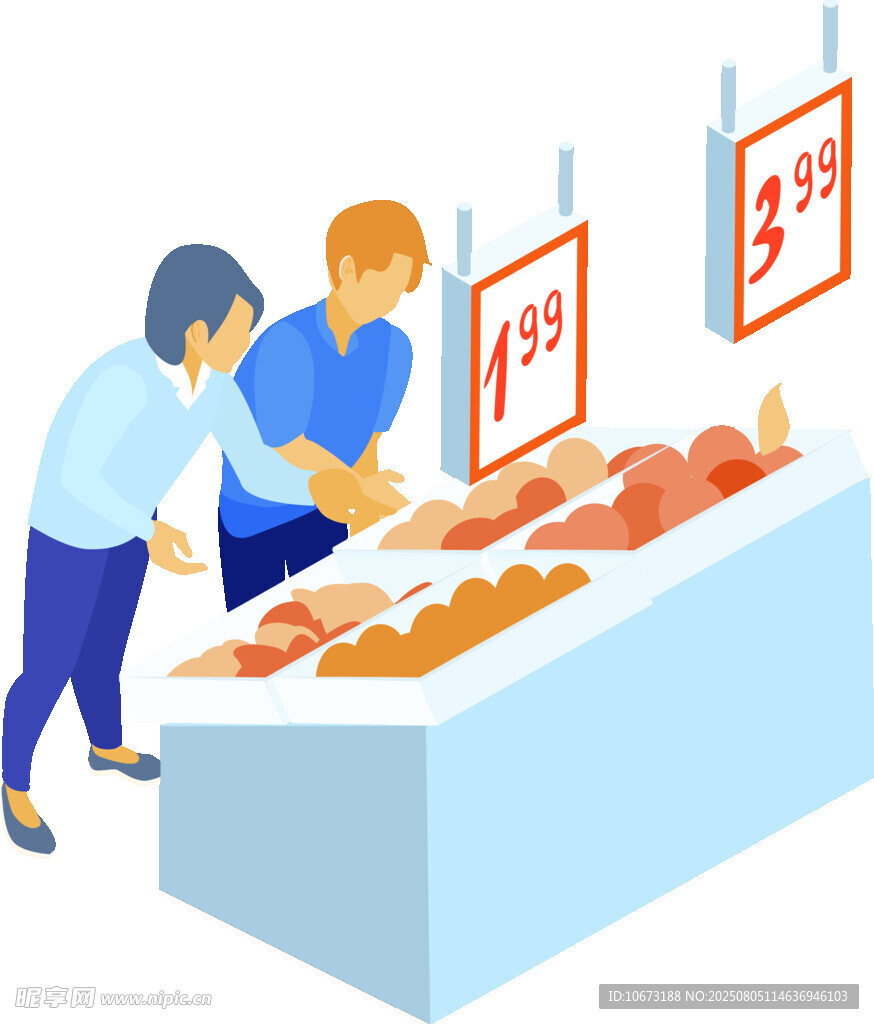 肉類攤位前的顧客與攤主