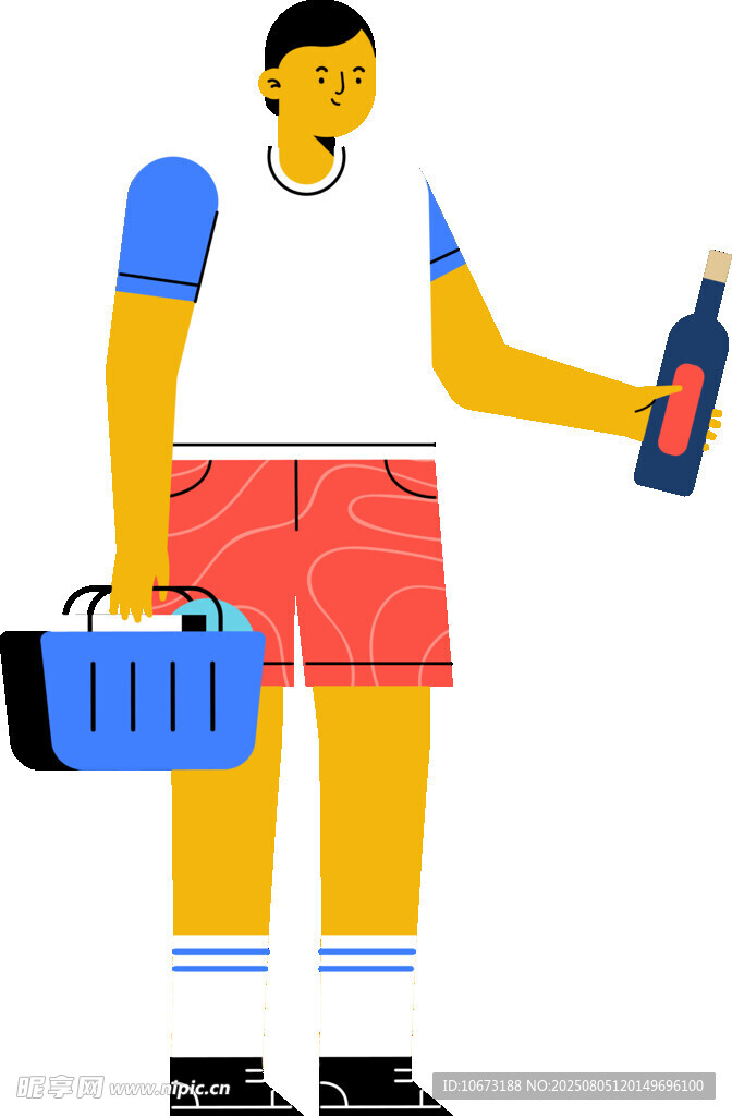 男子拎箱持瓶夏日出行