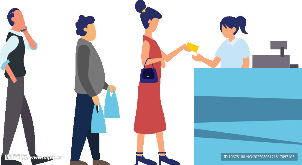 超市收銀臺(tái)前的顧客與店員