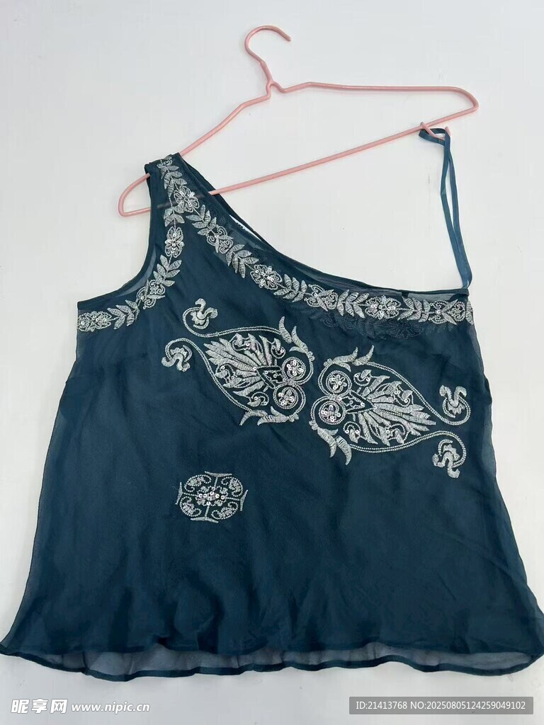 單肩刺繡深藍(lán)色女士背心