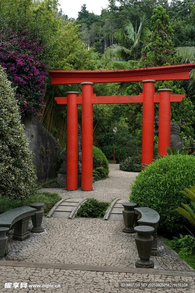 日式花園中的紅色鳥居
