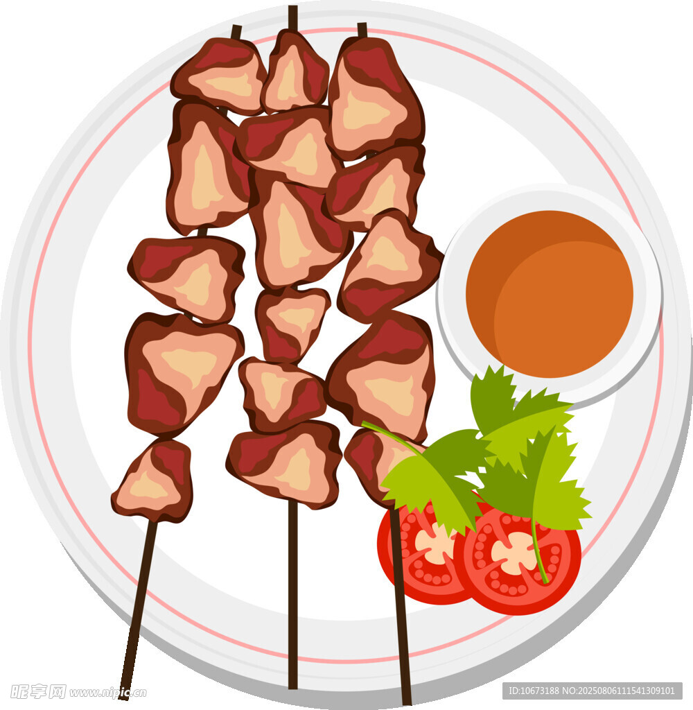 美味烤肉串配蘸料與蔬菜