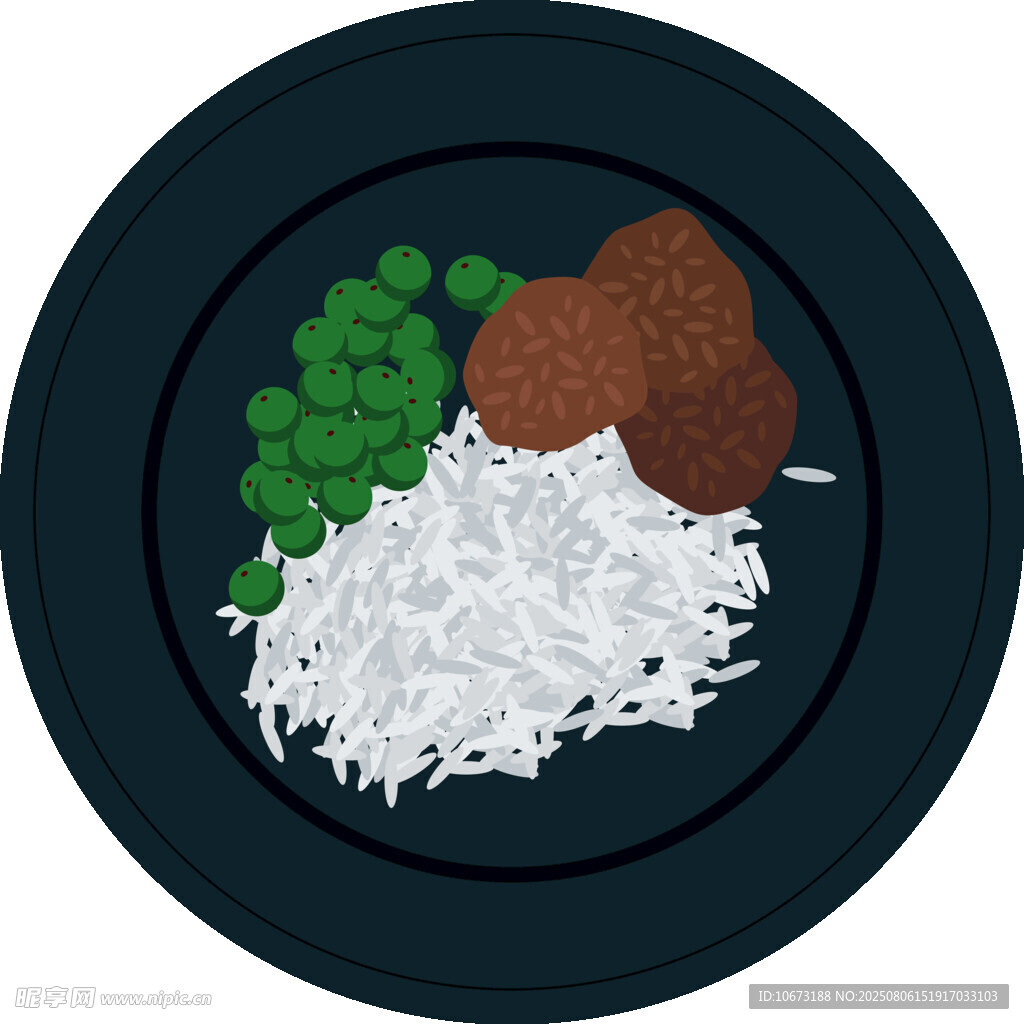 一盤(pán)米飯配肉丸與豌豆