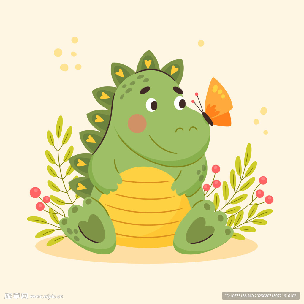 可愛綠恐龍與蝴蝶和金幣