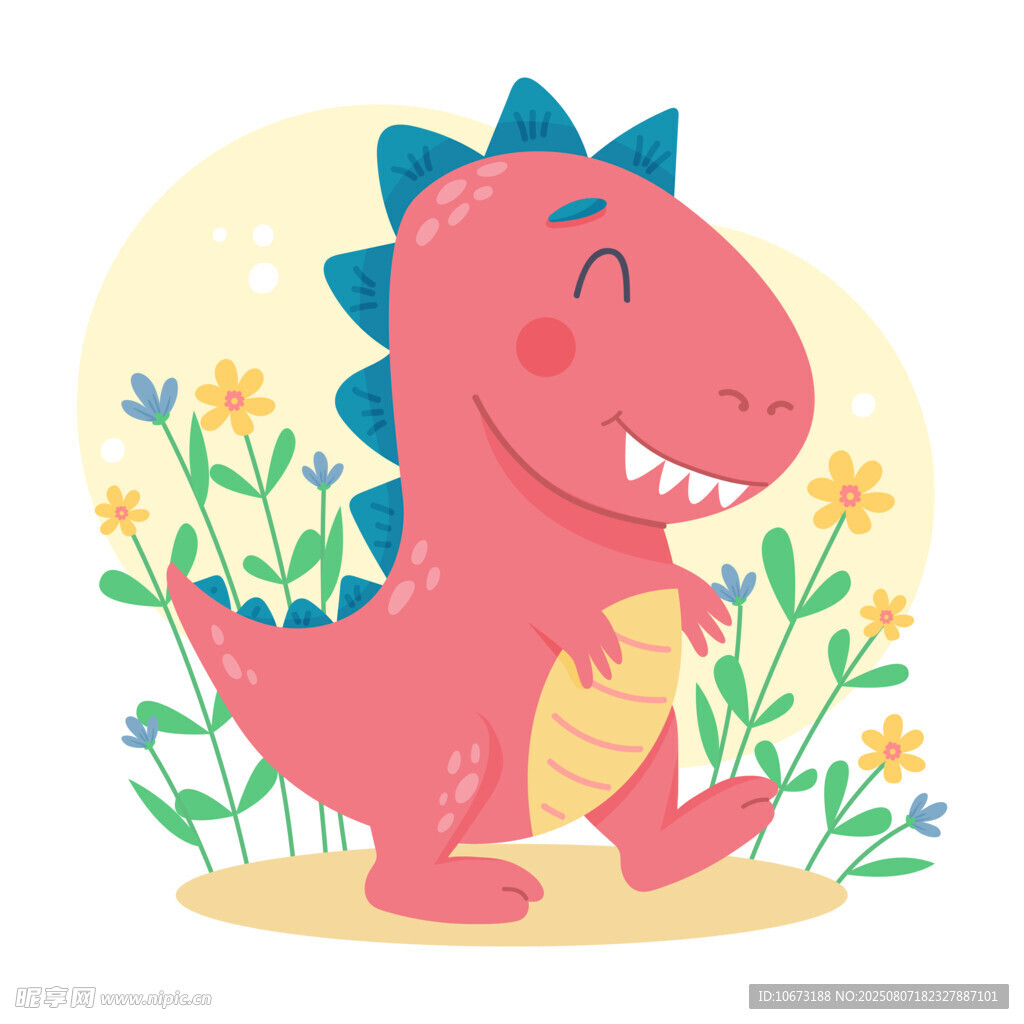 可愛粉色恐龍置身花叢中