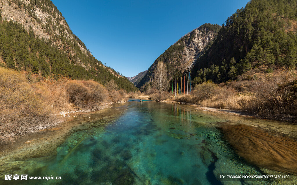 山間清澈碧綠的秀麗河流