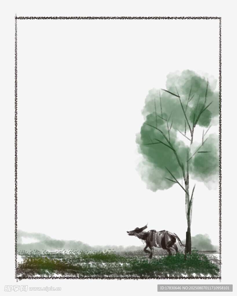 水墨風樹下牛的田園圖景
