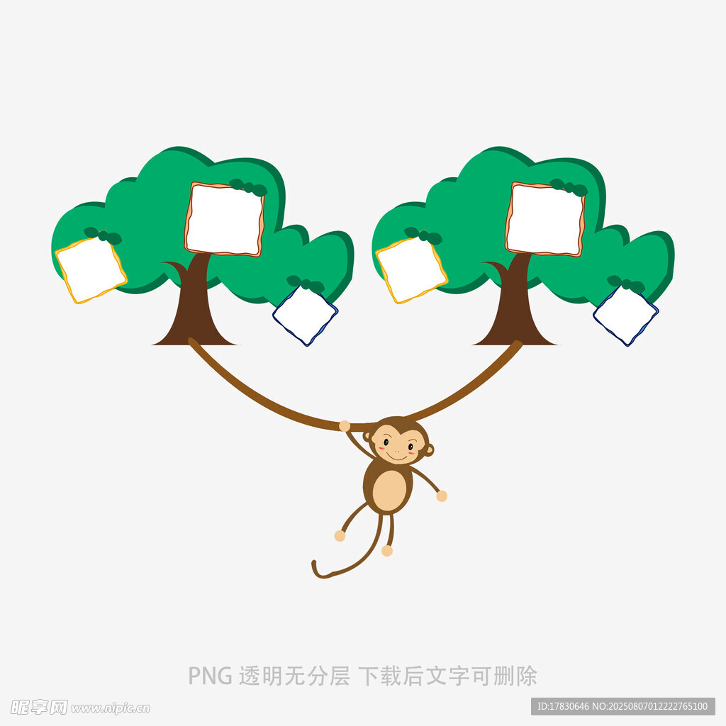 猴子掛繩于綠樹間插畫