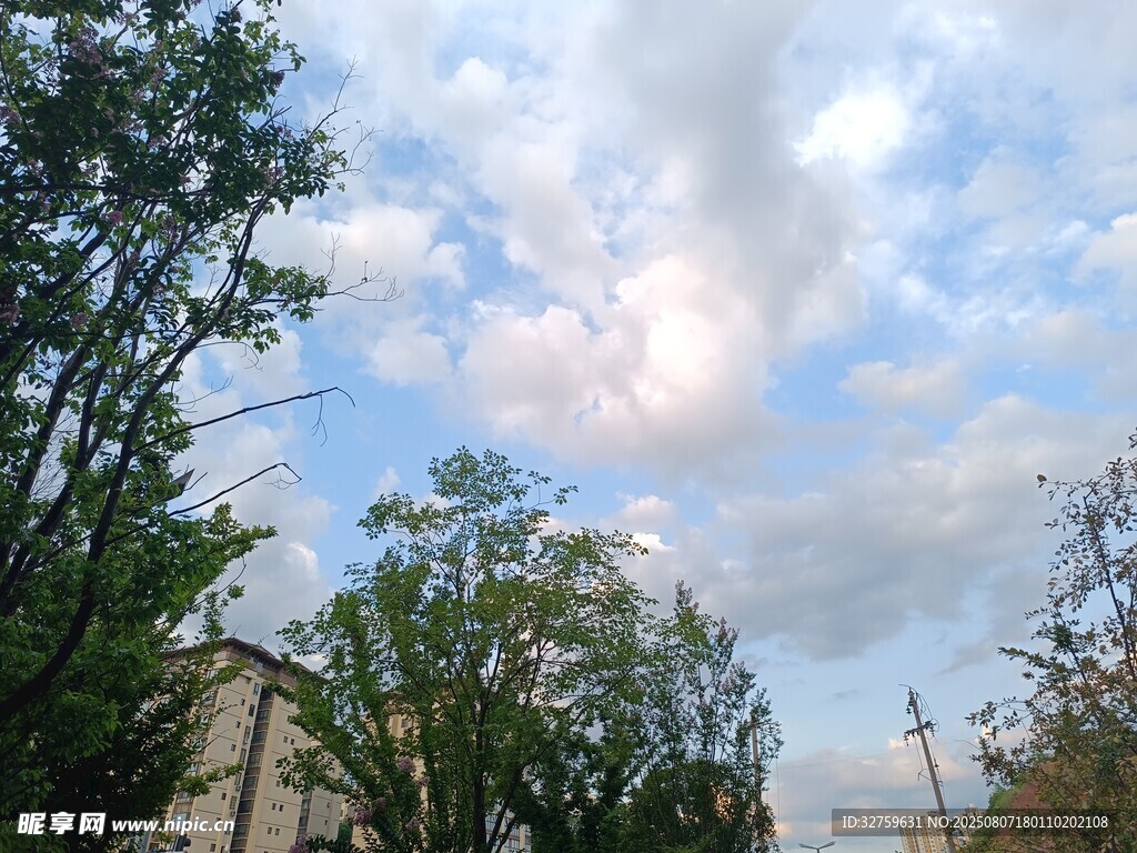 藍(lán)天白云下的綠樹房屋