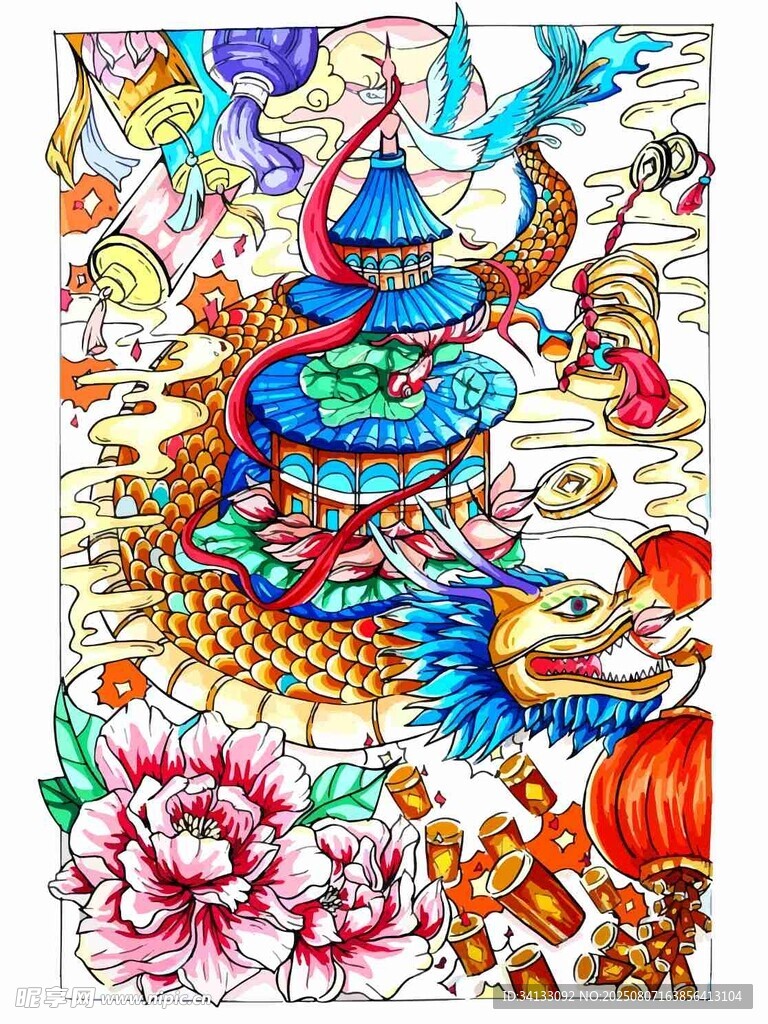 傳統(tǒng)舞龍元素多彩插畫圖案