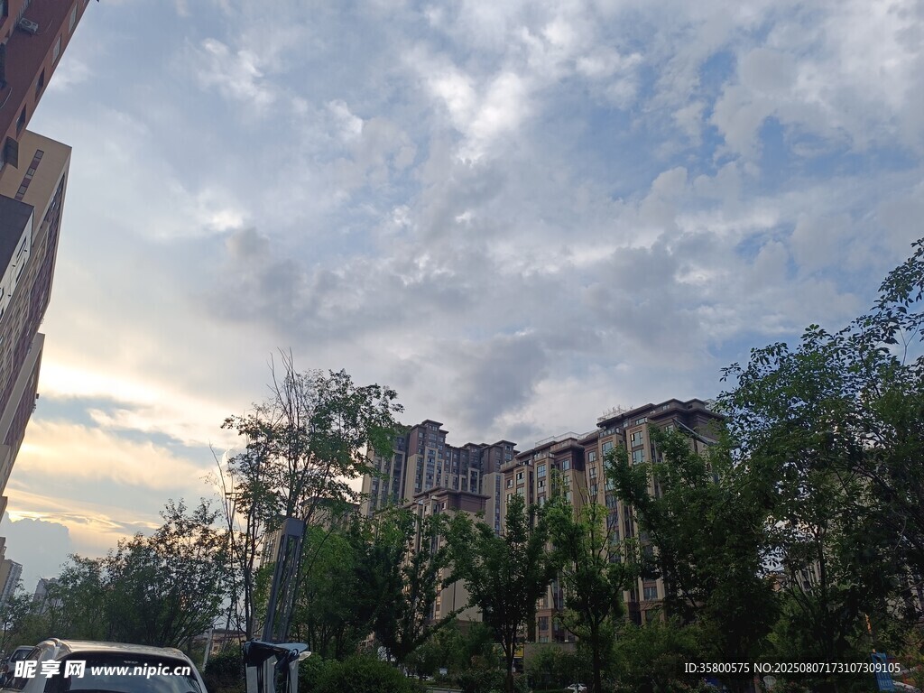城市傍晚天空與綠樹(shù)景觀