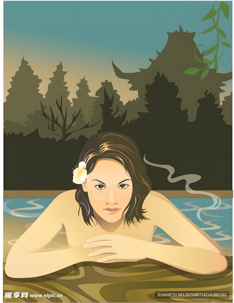 女子愜意泡溫泉賞古風(fēng)景