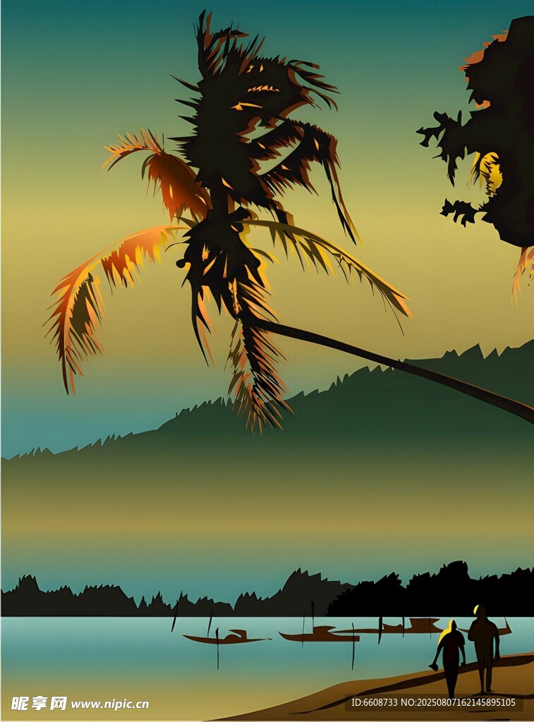 夕陽下的海濱椰樹美景