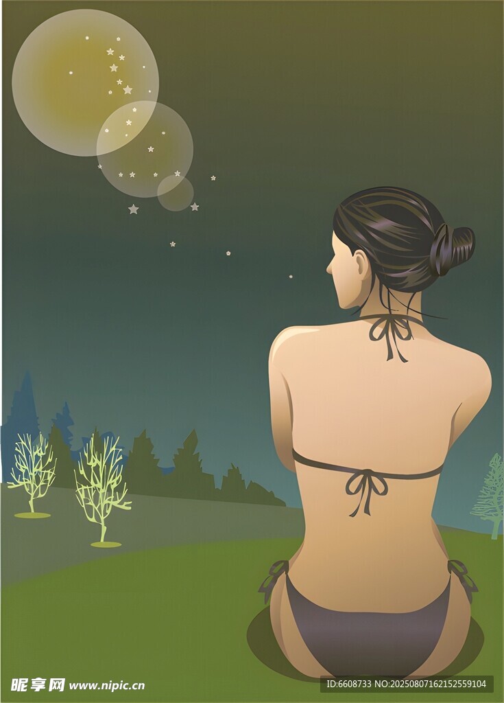 女子靜坐冥想賞夜空美景