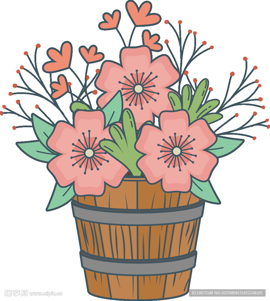 木桶中的粉色花卉插畫