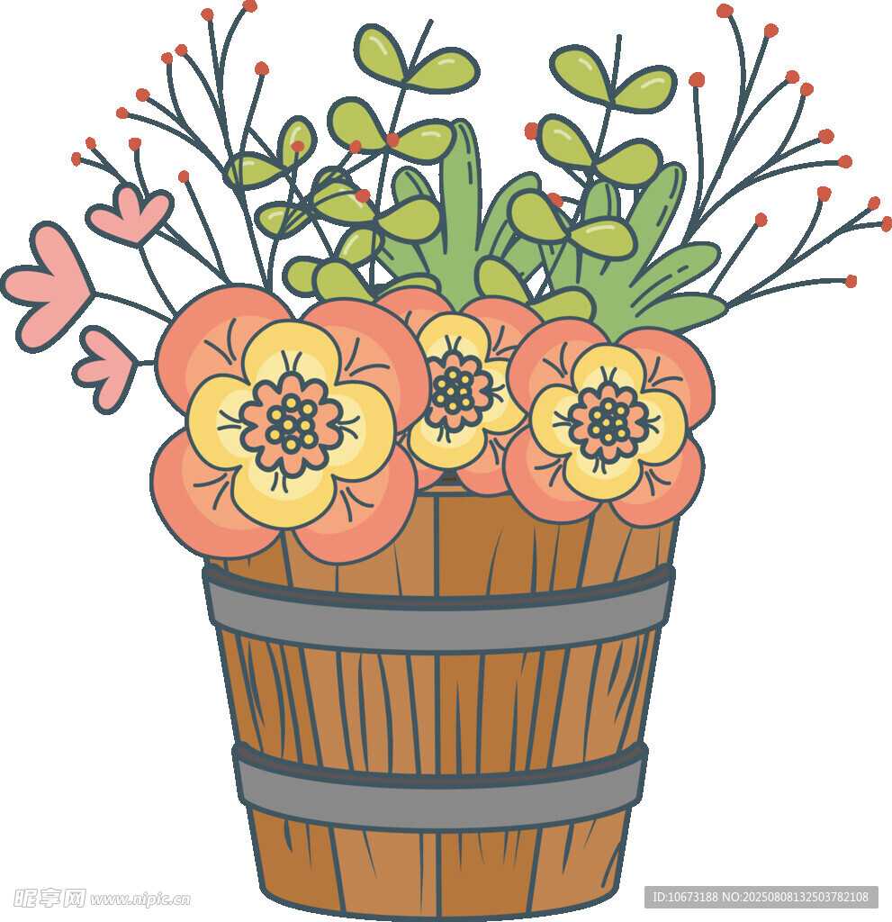 木桶中的多彩花卉插畫