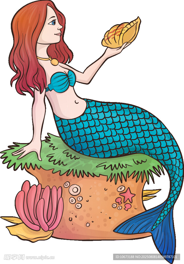 美人魚手持貝殼優(yōu)雅休憩