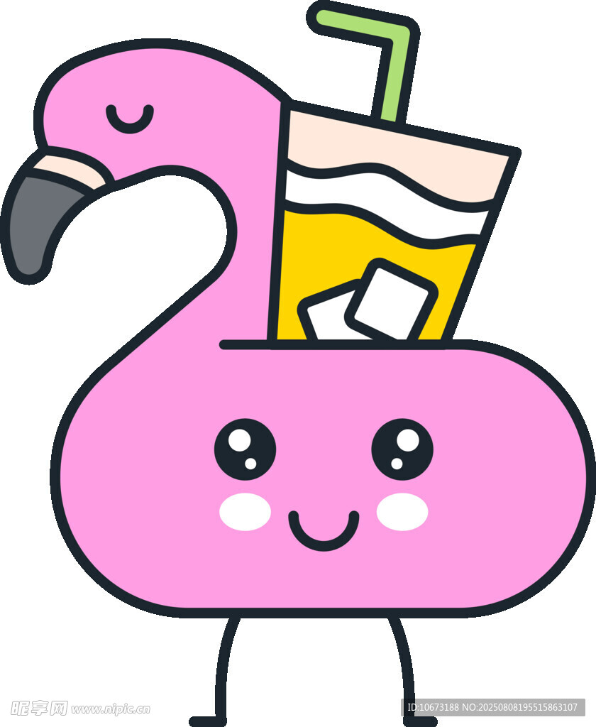 可愛火烈鳥與果汁插畫