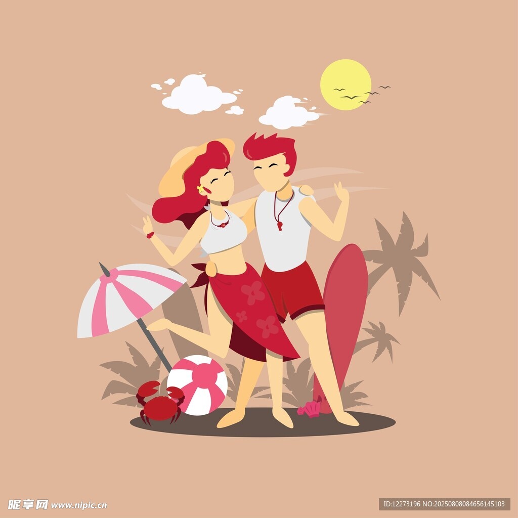夏日海灘情侶歡樂瞬間