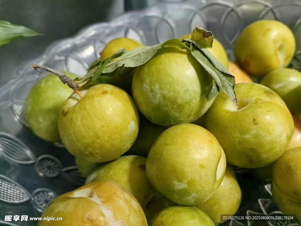 玻璃盤中的鮮嫩青李子