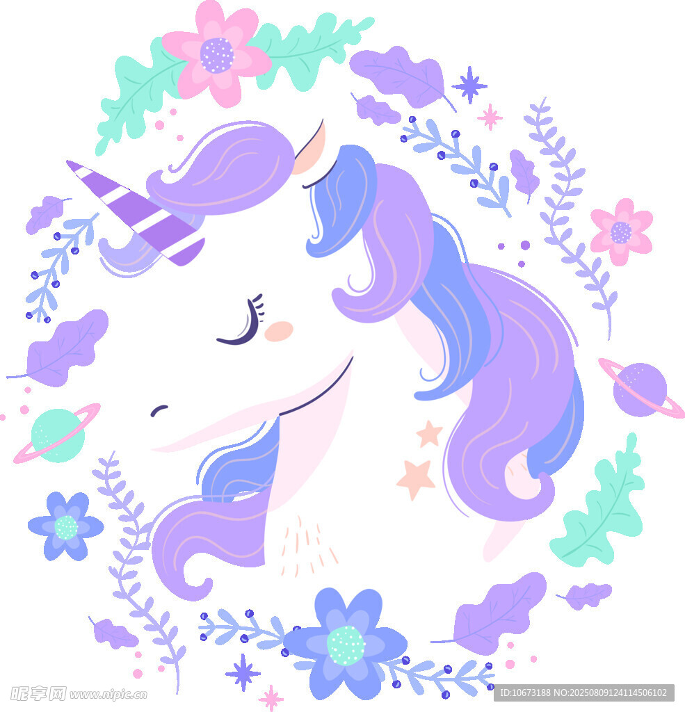夢幻獨角獸花卉裝飾圖案