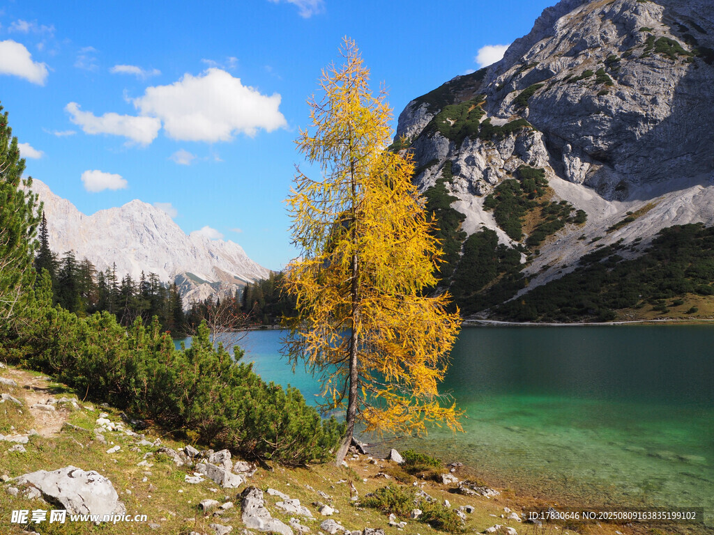 秋日山間湖畔的絢麗景致