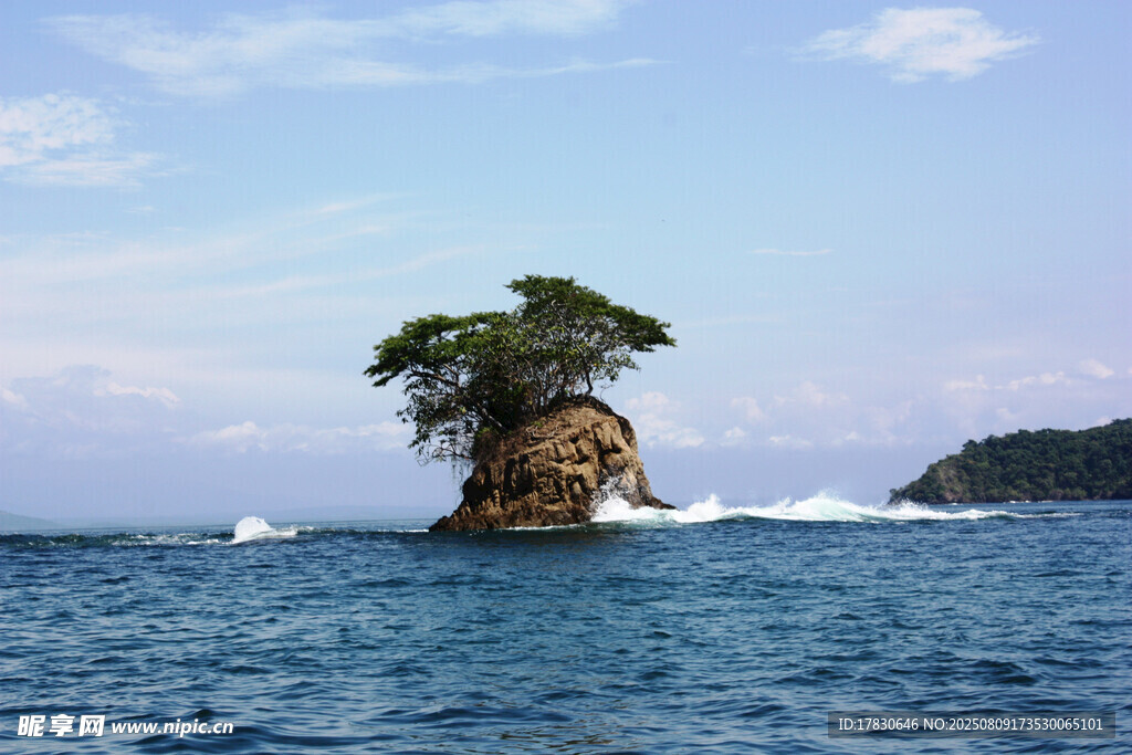 海中孤巖綠樹景觀