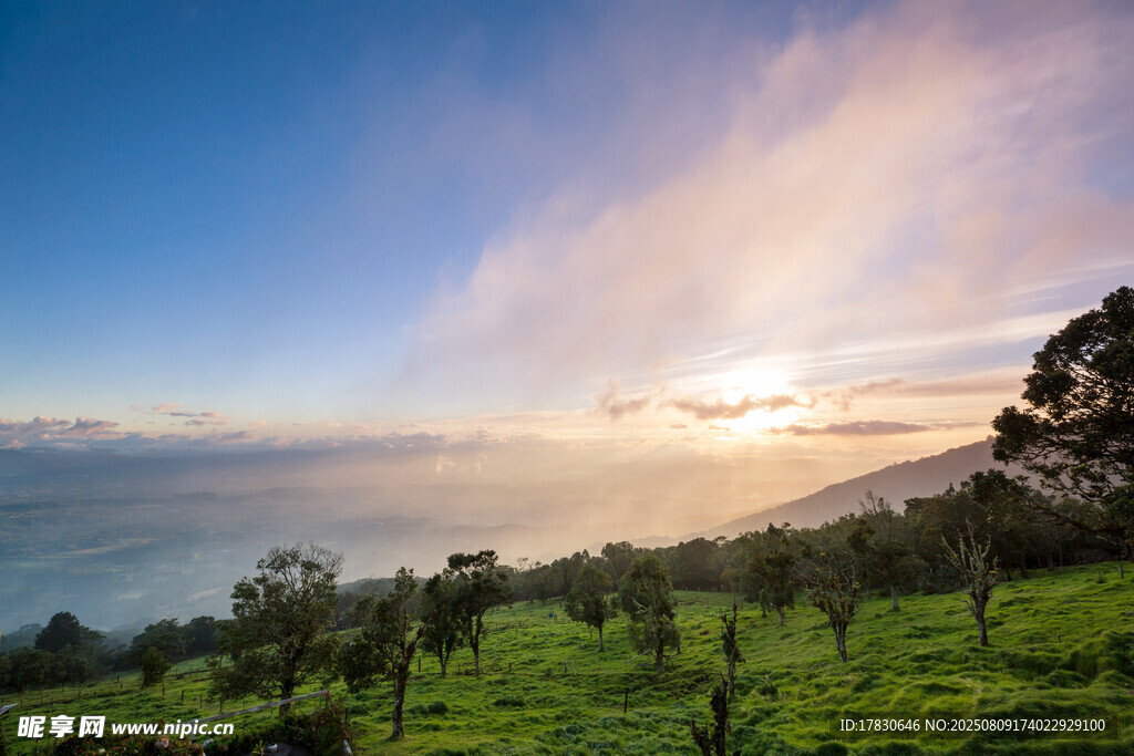 日出下的綠野山林美景