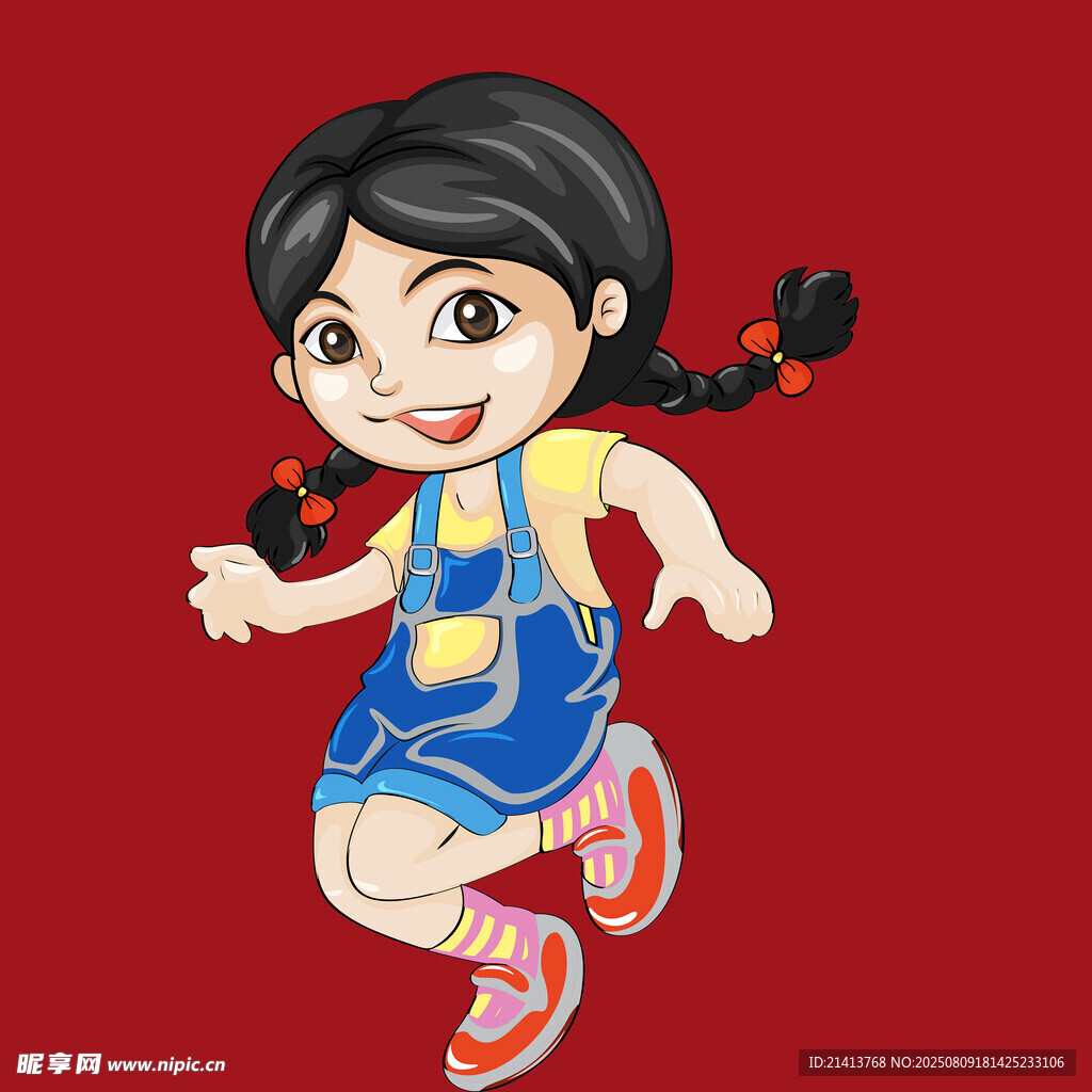 跳躍的可愛扎辮小女孩