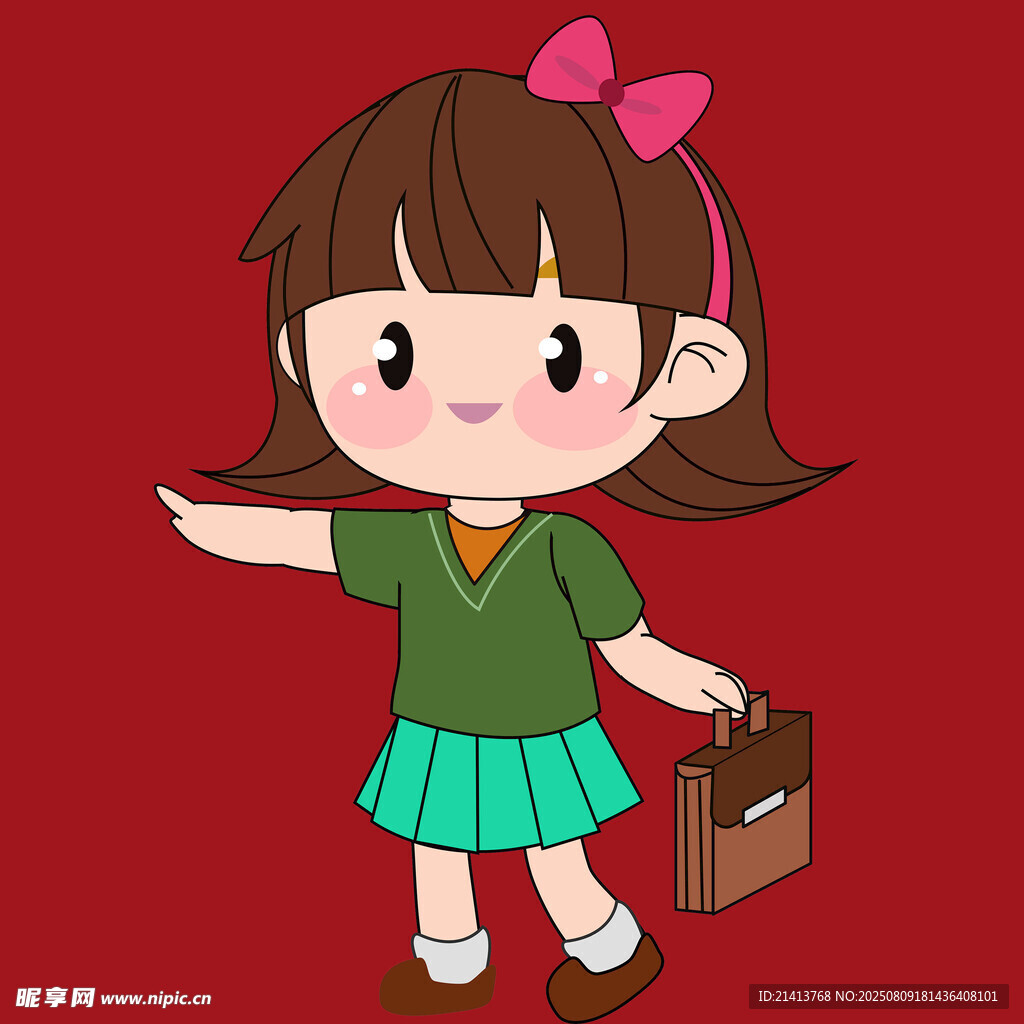 可愛女孩拎包指向一側(cè)