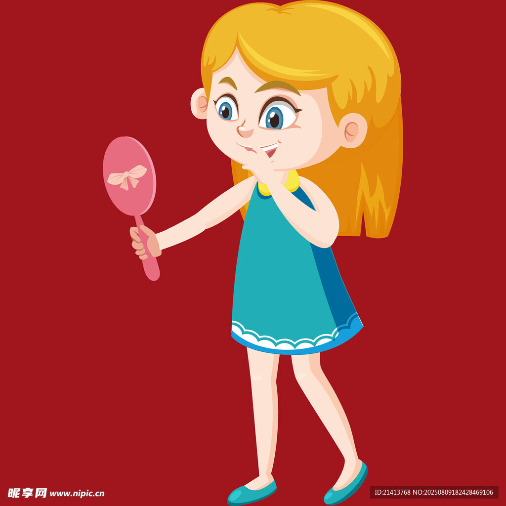 女孩手持鏡子開心打扮