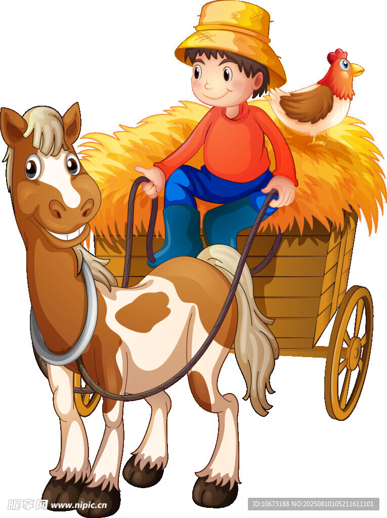 男孩坐馬車與雞相伴