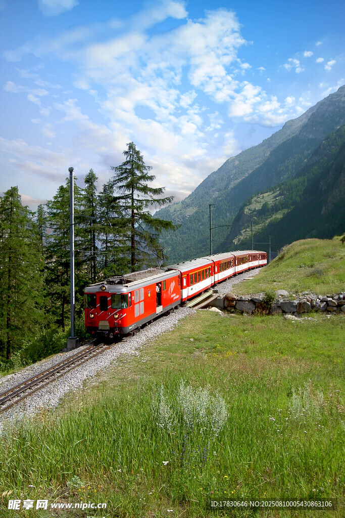 山間行駛的紅色觀光列車