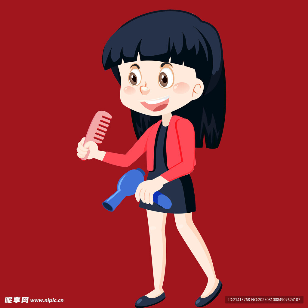 紅衣女孩手持梳子與吹風(fēng)機(jī)