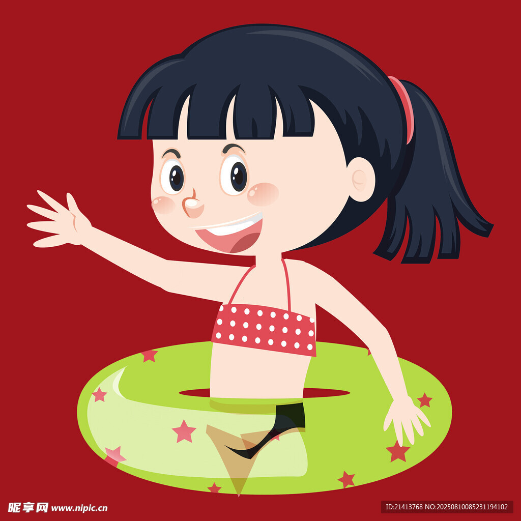 小女孩套著泳圈開心游泳