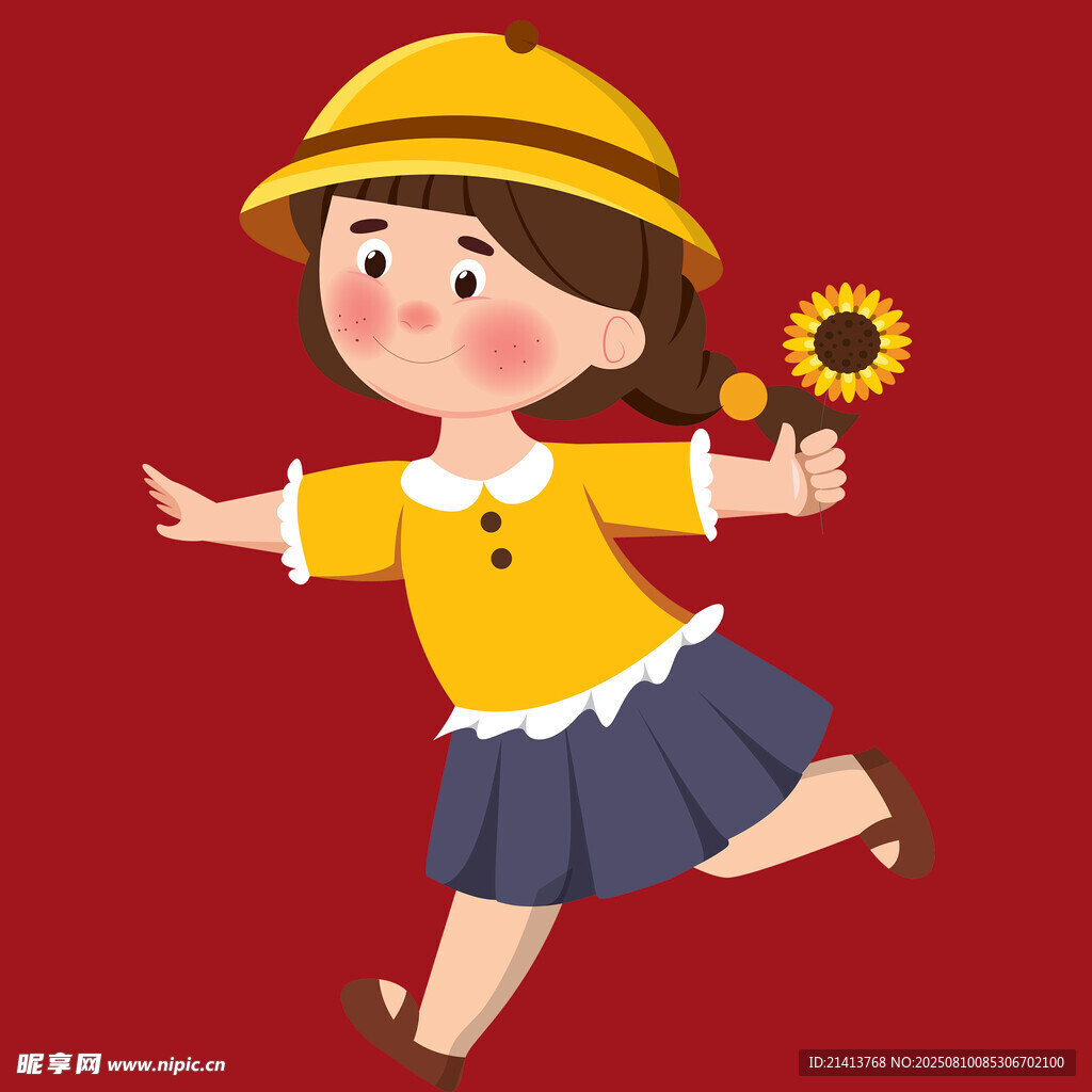 戴帽女孩手持花歡快奔跑