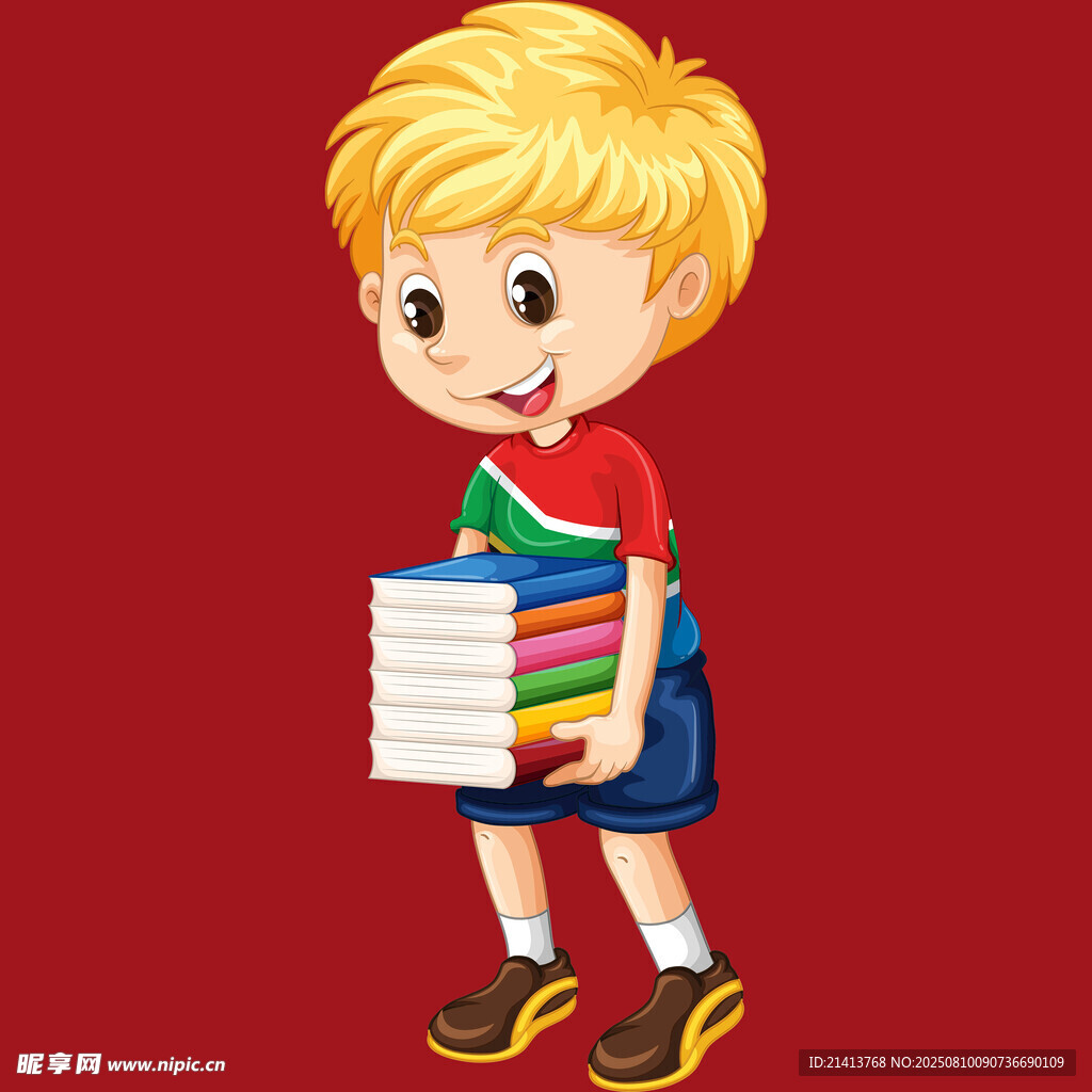背著書包抱書的小男孩